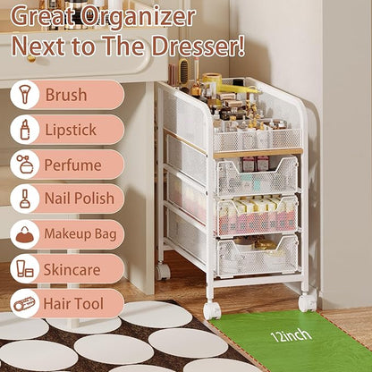 Rolling Makeup Cart Organizer with 3 Drawers, 4-Tier Narrow Floor Skincare Organizers with dividers, Vanity Organizer Cosmetics Display Cases for Makeup Brush, Hair Tool, White