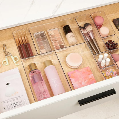 Vtopmart 10 Pcs Makeup Drawer Organizer Bins Set, 4 Size Plastic Makeup and Vanity Organizer Trays, Clear Acrylic Vanity Storage Containers for Cosmetics, Toiletries, Jewelry, Gadgets, Office Supply