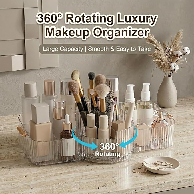 Rotating Makeup Organizer Countertop for Vanity, Cologne Organizer for Men, 360° Spinning Cosmetic Display Case with Brush Holder, Premium Handles, Acrylic Skincare Storage for Bathroom Countertop