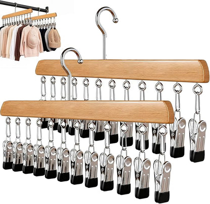 Closet Organizer with 10 Clips, 2 Pack Legging Organizer for Closet 10 Clips, Space Saving Hanging, Wooden, Multifunctional Storage for Clothes, Leggings, Sock, Jeans & More