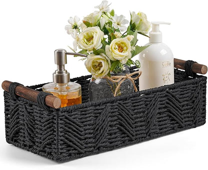 Bathroom Baskets for Organizing with Handle Decorative Basket for Bathroom Countertop Storage Toilet Paper Storage Basket for Toilet Tank Top Small Baskets Set,Black