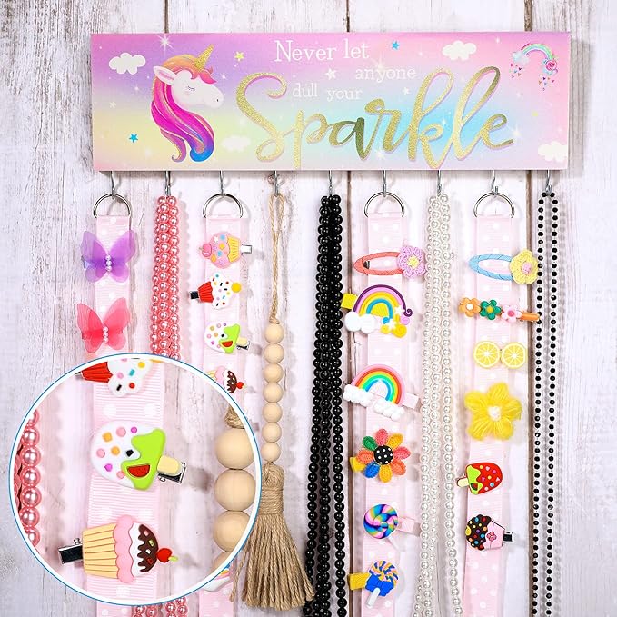 Jetec Hair Bow Organizers, Hair Clip Holders, Hello Beautiful Wall Mount Jewelry Holder with 9 Hooks for Room(Unicorn Style)