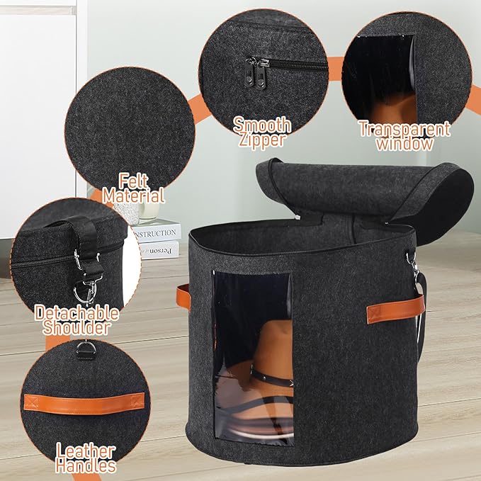 Suzile 4 Pcs Hat Boxes Oversized Round Cowboy Hat Storage Box for Women Men 19" x 17" Cowboy Large Felt Organizer Bag Baseball Cap Container with Dustproof Lid for Clothes Case Travel Gift(Dark Gray)