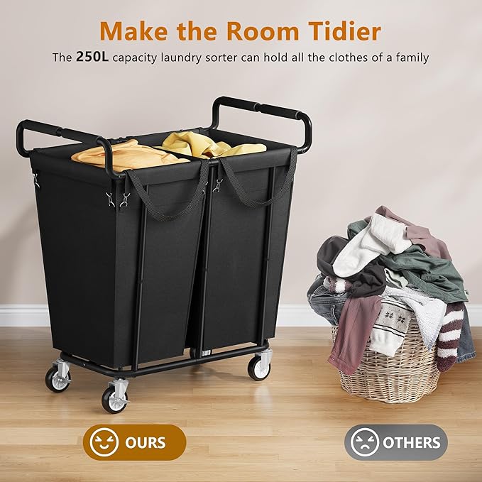Large Laundry Hamper with Wheels, 2 - Bag 250L Rolling Medium Laundry Basket Sorter Cart, Medium - Sized Laundry Clothes Hamper, Heavy Duty Laundry Basket Organizer for Laundry Room, Bathroom