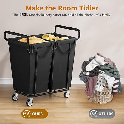 Large Laundry Hamper with Wheels, 2 - Bag 250L Rolling Medium Laundry Basket Sorter Cart, Medium - Sized Laundry Clothes Hamper, Heavy Duty Laundry Basket Organizer for Laundry Room, Bathroom