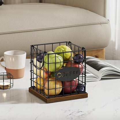 YINMIT K Cup Holder Organizer, Rustic Coffee Pod Holder Organizer, 35 Kcup Holder for Counter with Handle，Large Capacity Black Wire Coffee Capsule Basket for Kitchen Office Desktop (Square Grid)