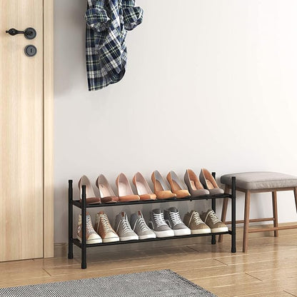 TZAMLI 2-Tier Expandable Metal Shoe Rack for Closet, Stackable Shoe Organizer Adjustable Metal Shoe Storage Small Shoe Shelf for Entryway Entrance, 17.2"-30" x 9" x 14" Inch Black