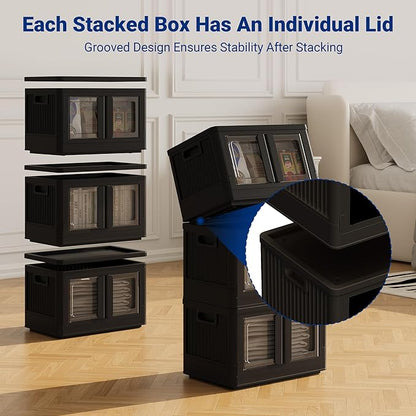 FLEXIMOUNTS 75 QT Stackable Storage Bins With Lids, Collapsible Plastic Storage Bins, Closet Organizers and Storage Containers with Doors and Built-in Wheels For Home, 2 Pack Cubes, Black