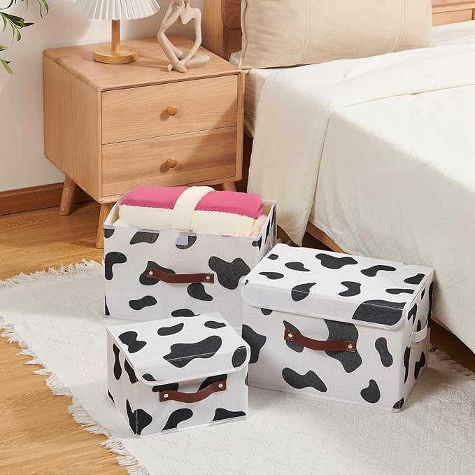 2PCS Storage Bins with Lid Cow Print Cute Fabric Storage Basket Box Faux Leather Handles PP Plastic Board Foldable Washable Lidded Cotton Linen Closet Shelf Organizer Container (Large Size)
