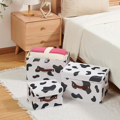 2PCS Storage Bins with Lid Cow Print Cute Fabric Storage Basket Box Faux Leather Handles PP Plastic Board Foldable Washable Lidded Cotton Linen Closet Shelf Organizer Container (Large Size)