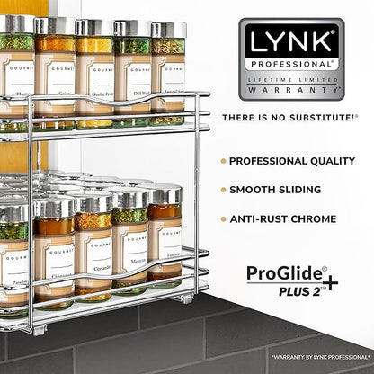 LYNK PROFESSIONAL® Pull Out Spice Organization for Cabinets - 10-3/8 inch Wide – Spice Rack for Inside Cabinets, Slide Out Spice Rack Organizer for cabinet – Pull Out Spice Rack, Sliding 2 Tier Chrome