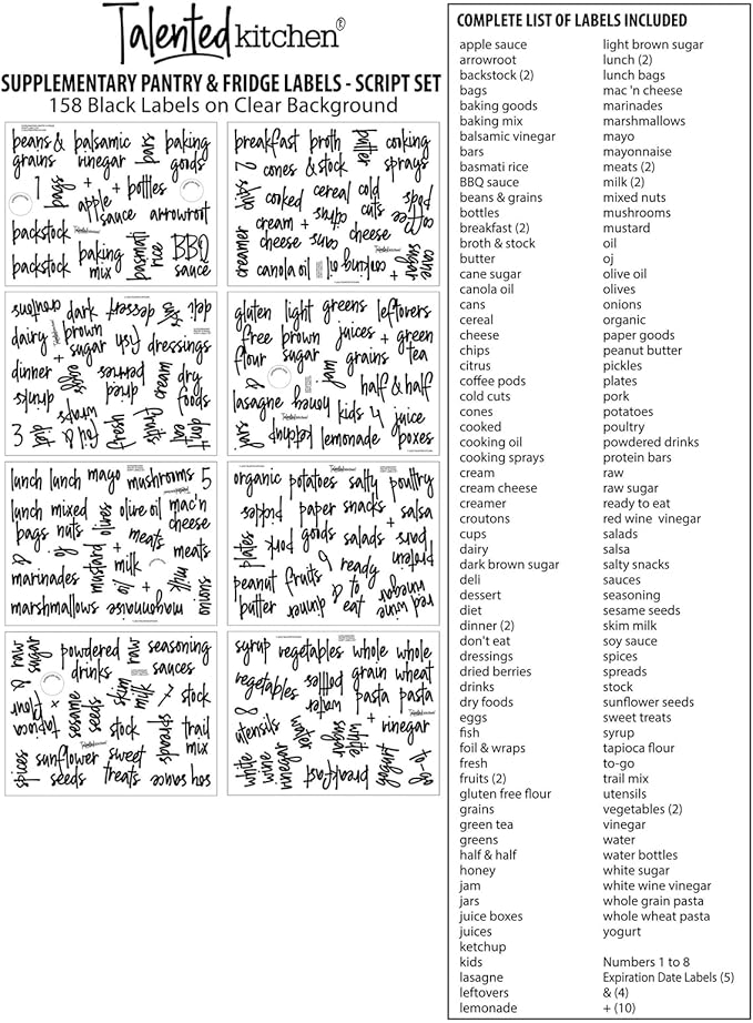Talented Kitchen 158 Food Container Labels - Durable Waterproof Adhesive - Clear Script Sticker Design for Pantry & Fridge - Freezer Labels & Symbol Stickers - Clear & Black Laminated Paper