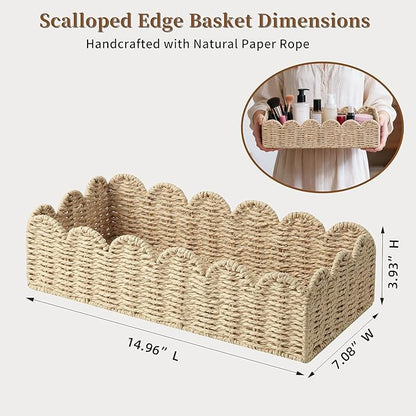 Upgraded Scalloped Wicker Toilet Paper Storage Basket, Handwoven Paper Rope Organizer for Toilet Tank & Shelves, Living Room, Bedroom & Entryway, Decorative Woven Bin, Beige L