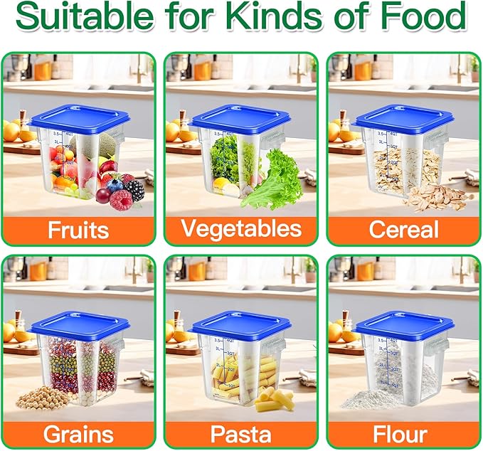 4 pcs 4qt Food Storage Containers with Lid, Square Clear Commercial Food Storage Containers with Handle and Scale for Food Storage in Home Kitchen & Dining (Blue)