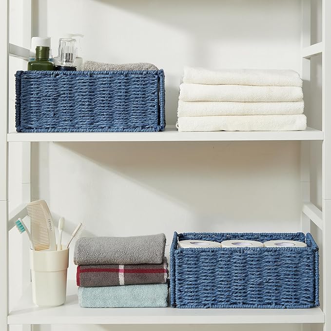 Vagusicc Wicker Storage Basket, Set of 2 Hand-Woven Paper Rope Wicker Basket, Small Storage Baskets for Organizing Toilet Paper, Foldable Large Cube Storage Organizer Bins for Shelves (Blue)