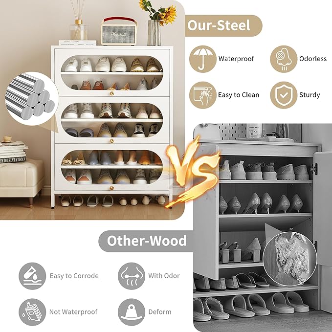 Foreate 6-Tier Entryway Shoe Storage Cabinet with 3 Flip-Up Glass Doors & Removable Shelf, 42” Metal Cabinet Shoe Rack Organizer for 18-24 Pair Shoes, Tall Freestanding Modern Shoe Cabinet-Glass Door