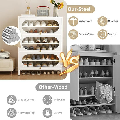 Foreate 6-Tier Entryway Shoe Storage Cabinet with 3 Flip-Up Glass Doors & Removable Shelf, 42” Metal Cabinet Shoe Rack Organizer for 18-24 Pair Shoes, Tall Freestanding Modern Shoe Cabinet-Glass Door
