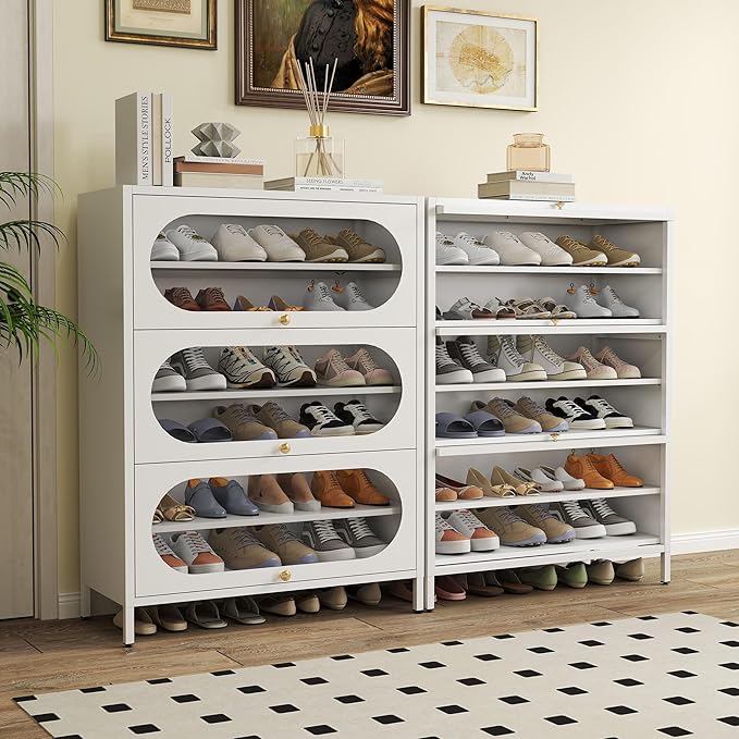 Foreate 6-Tier Entryway Shoe Storage Cabinet with 3 Flip-Up Glass Doors & Removable Shelf, 42” Metal Cabinet Shoe Rack Organizer for 18-24 Pair Shoes, Tall Freestanding Modern Shoe Cabinet-Glass Door