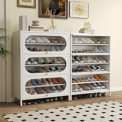 Foreate 6-Tier Entryway Shoe Storage Cabinet with 3 Flip-Up Glass Doors & Removable Shelf, 42” Metal Cabinet Shoe Rack Organizer for 18-24 Pair Shoes, Tall Freestanding Modern Shoe Cabinet-Glass Door