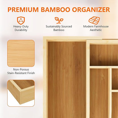 Expandable and Adjustable Bamboo Drawer Organizer Tray - Cutlery Drawer Organizer for Kitchen Utensils, Silverware Organizer with Dividers, 7-9 Slots with Curved Grooves (Natural)
