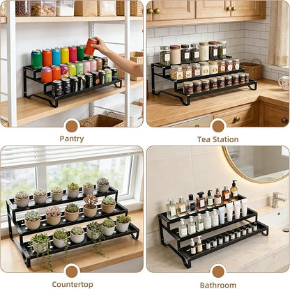 SANKEU Expandable Spice Rack Organizer for Cabinet 3 Tiered Metal Seasoning Organization with Guardrails Spice Shelf Storage for Jars Adjustable Length 13"-21" Black 2Pack