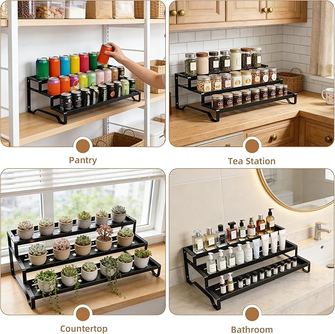 SANKEU Expandable Spice Rack Organizer for Cabinet 3 Tiered Metal Seasoning Organization with Guardrails Spice Shelf Storage for Jars Adjustable Length 13"-21" Black 1Pack