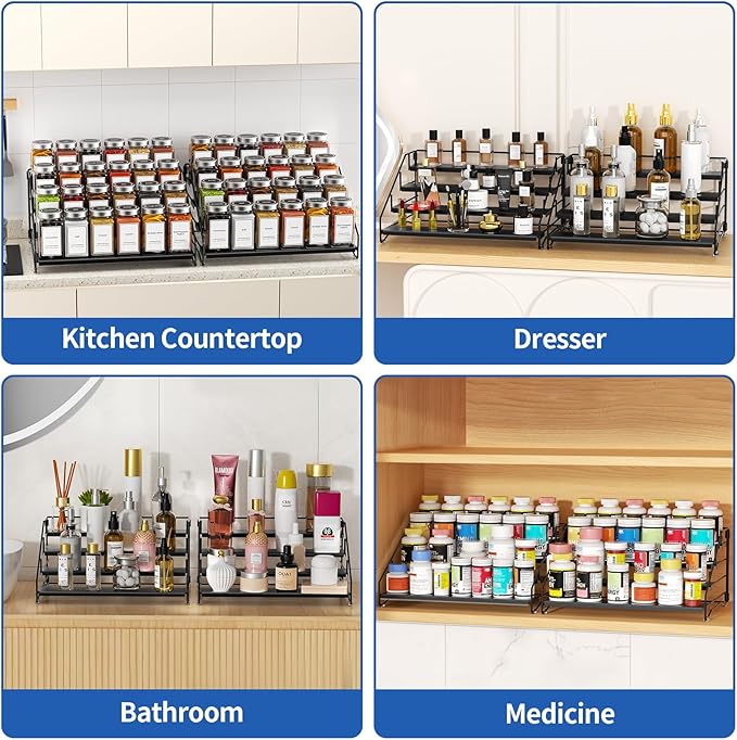 BOIVSHI 4 Tier Spice Rack Organzier, Spice Rack for Cabinet, Adjustable Depth Seasoning Shelf for Countertop, Pantry, Seasoning Organizer, Metal, Black (2 Pack)