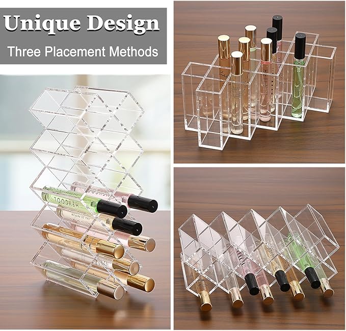 ELLDOO Rollerball Perfume Organizer, 14 Spaces Clear Acrylic Perfume Storage Holder Beauty Scent Holder, Stackable Makeup Lipgloss Lipstick Display Case Lip Gloss Storage Stand