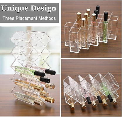 ELLDOO Rollerball Perfume Organizer, 14 Spaces Clear Acrylic Perfume Storage Holder Beauty Scent Holder, Stackable Makeup Lipgloss Lipstick Display Case Lip Gloss Storage Stand