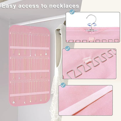 2-Pack Hanging Jewelry Organizer Storage, 40 Pockets 36 Hooks Necklace Earring Necklace Bracelet Ring Organizer, Double - Sided Design, Pink