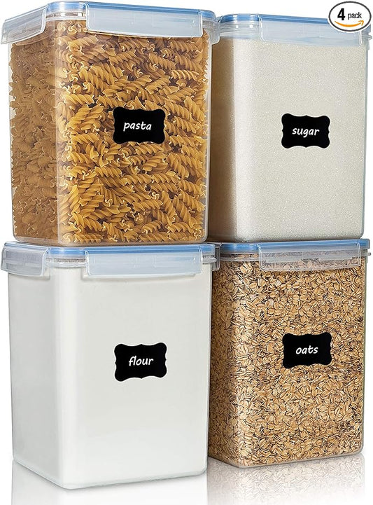Vtopmart Large Food Storage Containers 5.2L / 175oz, 4 Pieces BPA Free Plastic Airtight Canisters for Flour, Sugar, Baking Supplies, Rice with Lids, 4 Measuring Cups and 24 Labels, Blue