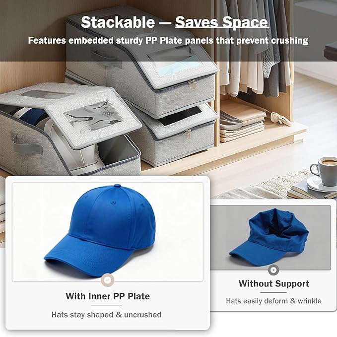2 Pack Hat Boxes for Women and Men Storage,Fitted Perfect Curve Hats Organizers for Baseball Caps,Hat Holders for Closet,Stackable Hard Hat Travel Cases with Lids,Each for 12 Hats (Grey 2pcs)