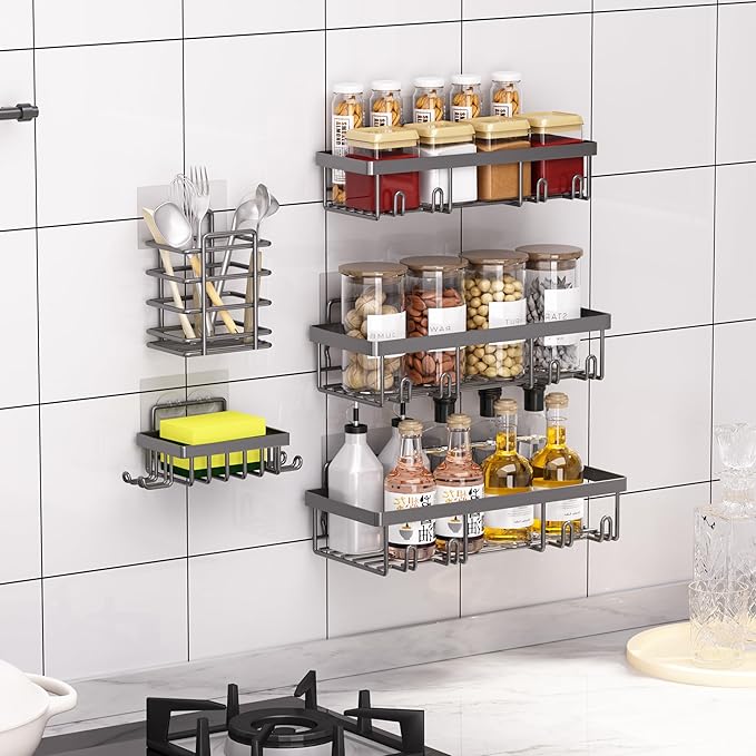 Liuoud 5 Pack Shower Caddy Organizer Rack Shelf for Inside Shower, Self Adhesive Bathroom Wall Storage Basket Rustproof Stainless Steel Large Capacity Shampoo Holder, Dark Grey