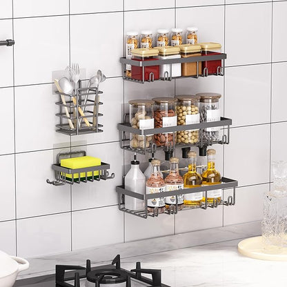 Liuoud 5 Pack Shower Caddy Organizer Rack Shelf for Inside Shower, Self Adhesive Bathroom Wall Storage Basket Rustproof Stainless Steel Large Capacity Shampoo Holder, Dark Grey