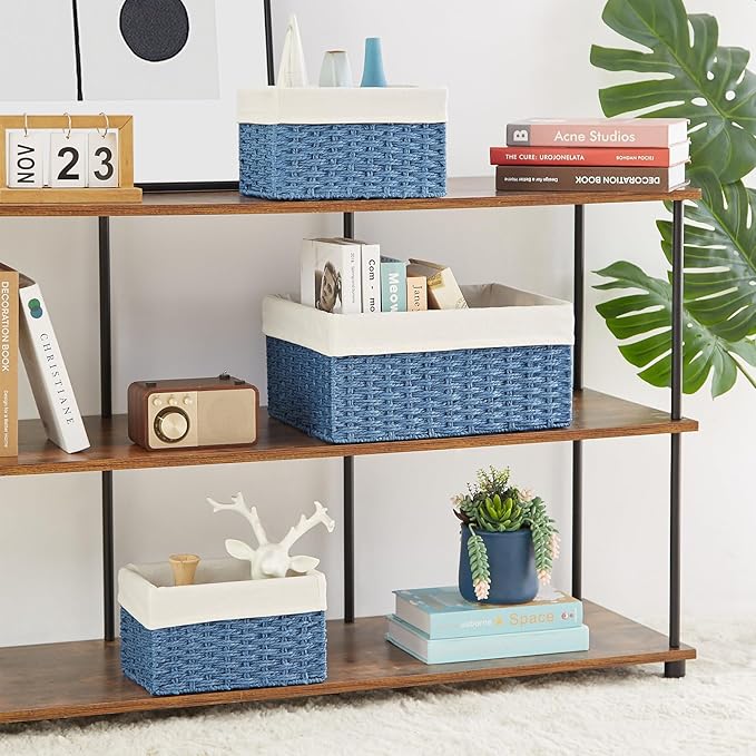 Vagusicc Wicker Basket, Set of 3 Hand-woven Storage Baskets for Organizing, Rectangle Wicker Storage Basket Bins with Handles, Small Toilet Paper Storage Baskets for Shelves & Decor, Blue
