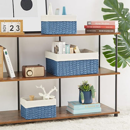 Vagusicc Wicker Basket, Set of 3 Hand-woven Storage Baskets for Organizing, Rectangle Wicker Storage Basket Bins with Handles, Small Toilet Paper Storage Baskets for Shelves & Decor, Blue