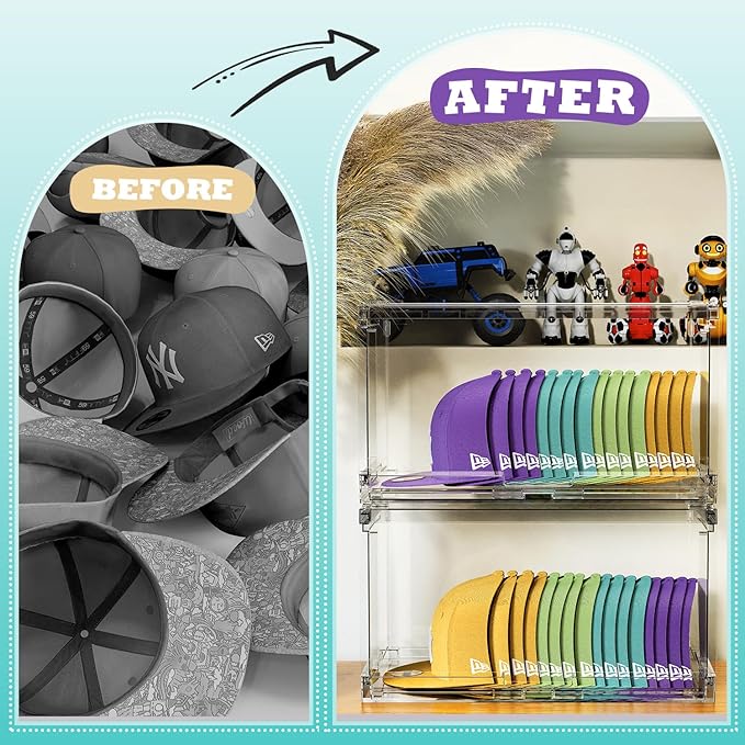 SCAVATA 2 Pack Large Hat Organizer Box, Stackable Clear Baseball Caps Holder Box Containers with Sliding Door for Hats Snapback Cap Storag, Hat Rack Display Case, Holds 20 Hats Each -Clear
