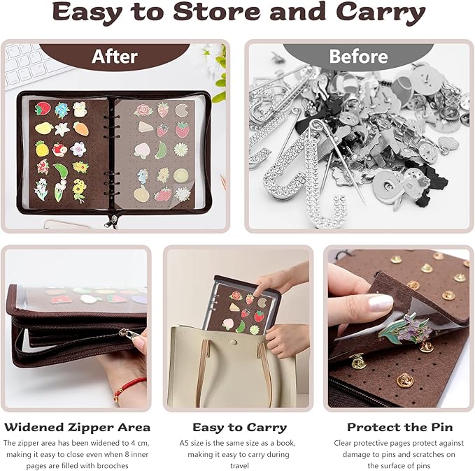 LIQALU Enamel Pin Display Book Pin Collection Binder Holder Trading Book with 8-Page Display Boards A5 Brooch Pin Storage Organizer Binder Album for Travel Collectors (Dark Brown)