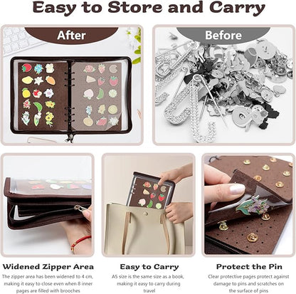LIQALU Enamel Pin Display Book Pin Collection Binder Holder Trading Book with 8-Page Display Boards A5 Brooch Pin Storage Organizer Binder Album for Travel Collectors (Dark Brown)