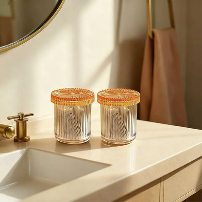2Pack Vintage Lead-Free Glass Qtip Holder with Dust-Proof Lid, 3.5inch Diameter Storage Canister (Amber)