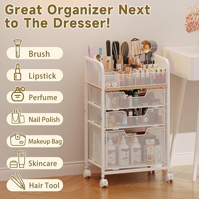 Jakyitvi Makeup Cart Organizer with 3 Drawers, Under Desk Storage Drawers,Floor Skincare & Makeup Organizer, Vanity Storage for Cosmetics, Nail Polish, Perfume, Makeup Brushes, Hair Tools, White