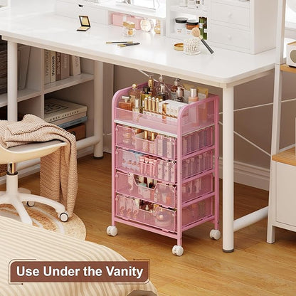 Hongtamoya Makeup Cart Organizer with 4 Drawers, Large Floor Skincare Organizers, Vanity Storage Organizer Cosmetics Display Cases for Skin Care Perfume Nail Polish, Pink