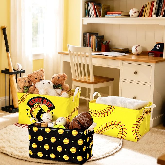 CHENGU 3 Pcs Softball Baskets Storage Bin Easter Basket for Gifts Collapsible Waterproof Canvas Cube Sports Storage Softball Organizer with Handles for Clothes Toys Balls Shelf Nursery Boxes Decor
