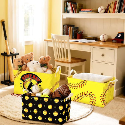 CHENGU 3 Pcs Softball Baskets Storage Bin Easter Basket for Gifts Collapsible Waterproof Canvas Cube Sports Storage Softball Organizer with Handles for Clothes Toys Balls Shelf Nursery Boxes Decor
