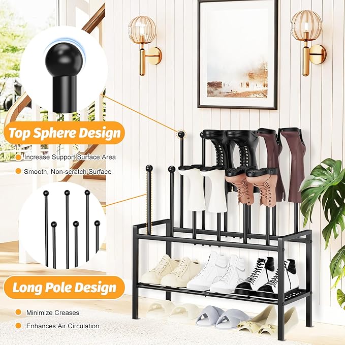 Freestanding Shoe Racks - 3 Tier Metal Boot Rack with 12 Long Posts Holds 6 Pairs Tall Boots, Shoe Storage Organizer for Entryway Closet Bedroom Hallway Indoor Outdoor