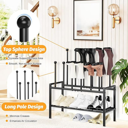 Freestanding Shoe Racks - 3 Tier Metal Boot Rack with 12 Long Posts Holds 6 Pairs Tall Boots, Shoe Storage Organizer for Entryway Closet Bedroom Hallway Indoor Outdoor