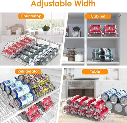 Soda Can Organizer for Refrigerator, Set of 4 Stackable Drink Organizer for Fridge, Freezer, Kitchen, Countertop, Soda Can Dispenser Beverage Holder, Clear Design