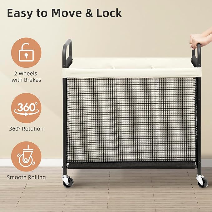 STORAGE MANIAC Rolling Laundry Hamper with Wheels 3-Section Laundry Sorter Rolling Laundrys Basket on Wheels with Removable Bag Clothes Hamper Laundrys Organizer Cart Bathroom Bedroom 120L Beige