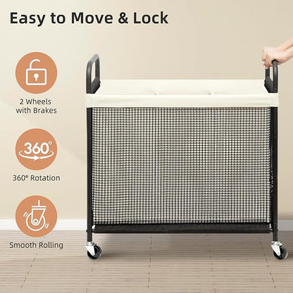 STORAGE MANIAC Rolling Laundry Hamper with Wheels 3-Section Laundry Sorter Rolling Laundrys Basket on Wheels with Removable Bag Clothes Hamper Laundrys Organizer Cart Bathroom Bedroom 120L Beige