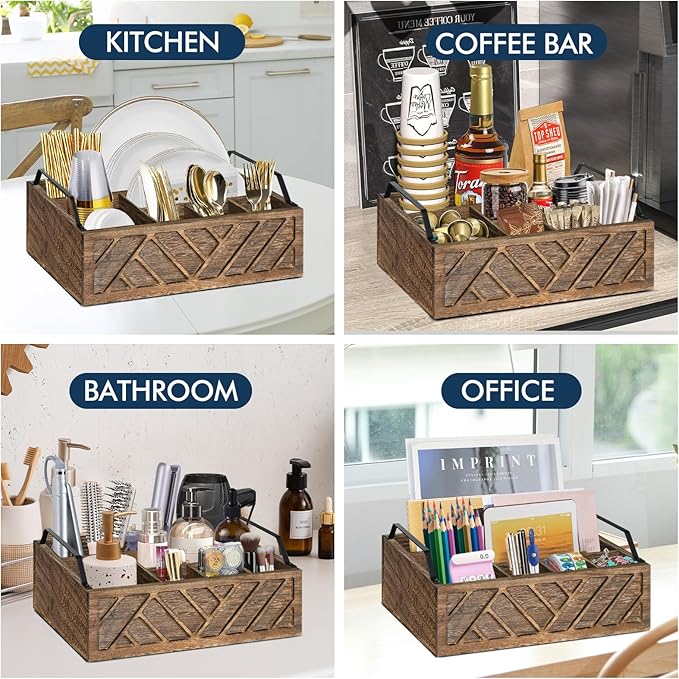 Ukonvi Flatware Organizers Paper Plate Dispenser with Handles, Paper Plate Holder for Kitchen Counter, Wood Rustic Silverware Utensil Caddy, Brown